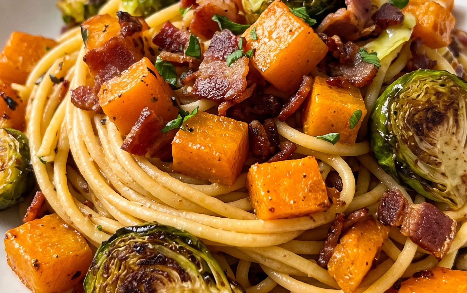 Beef Bacon Brussels Sprouts Butternut Squash Pasta